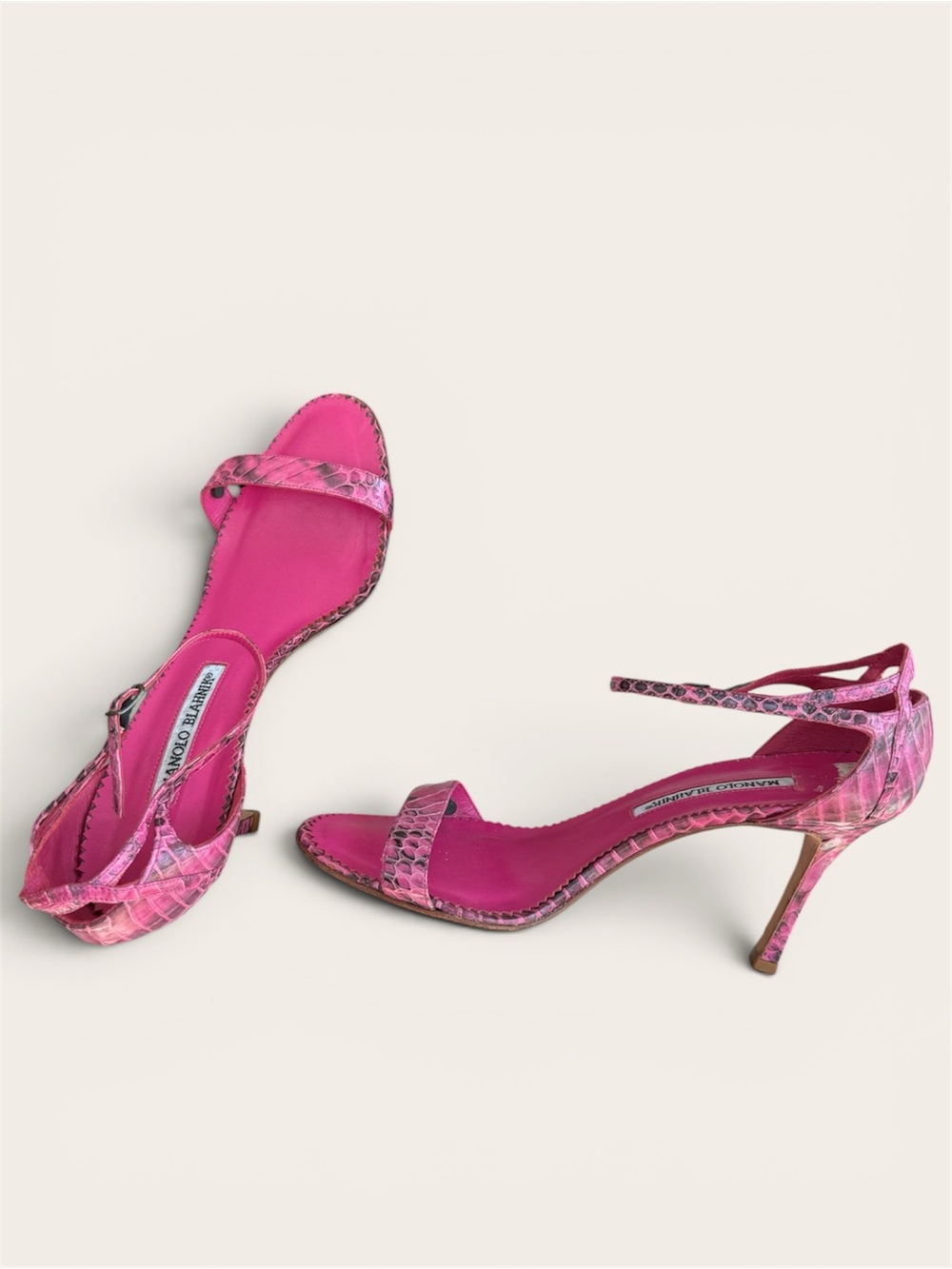 ⚡️Manolo•Blahnik Fuchsia Pink Snake-Print Ankle-Strap Sandals